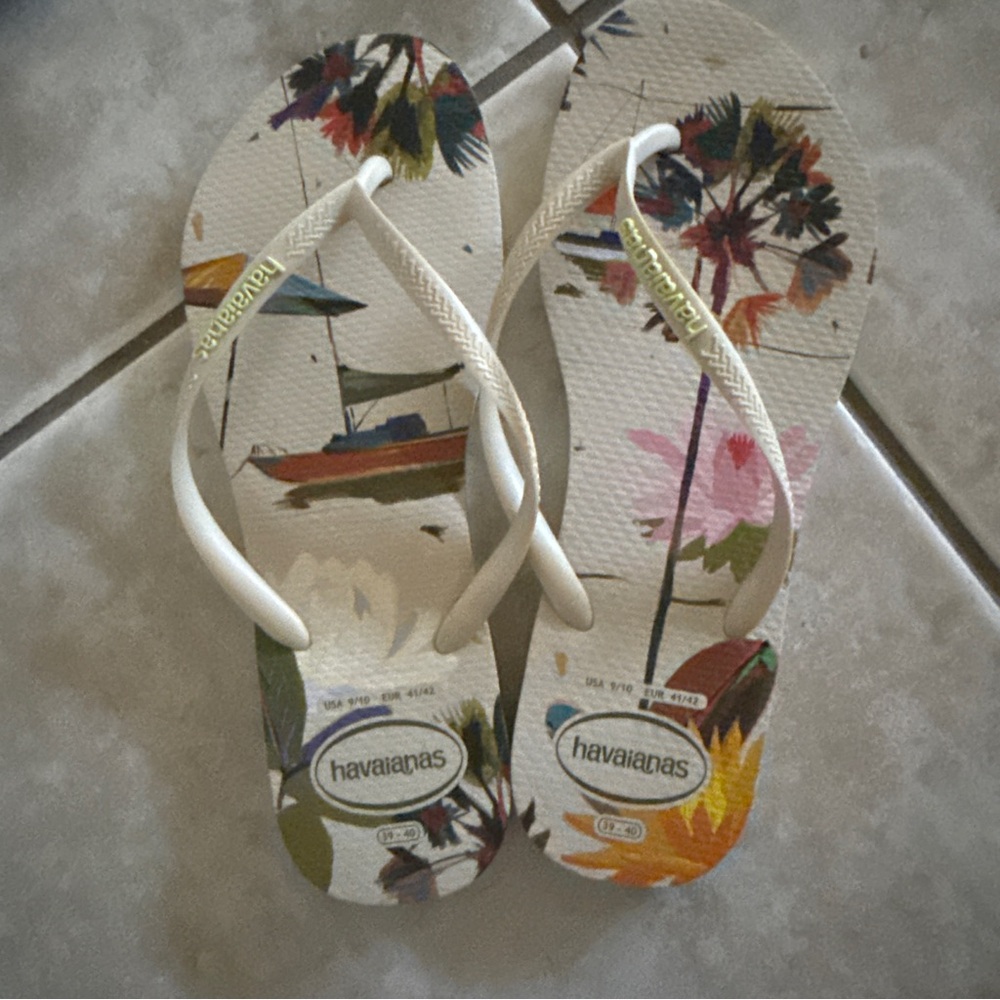 Havaianas Multi-Color Tropical Print Flip Flops with Olive Logo